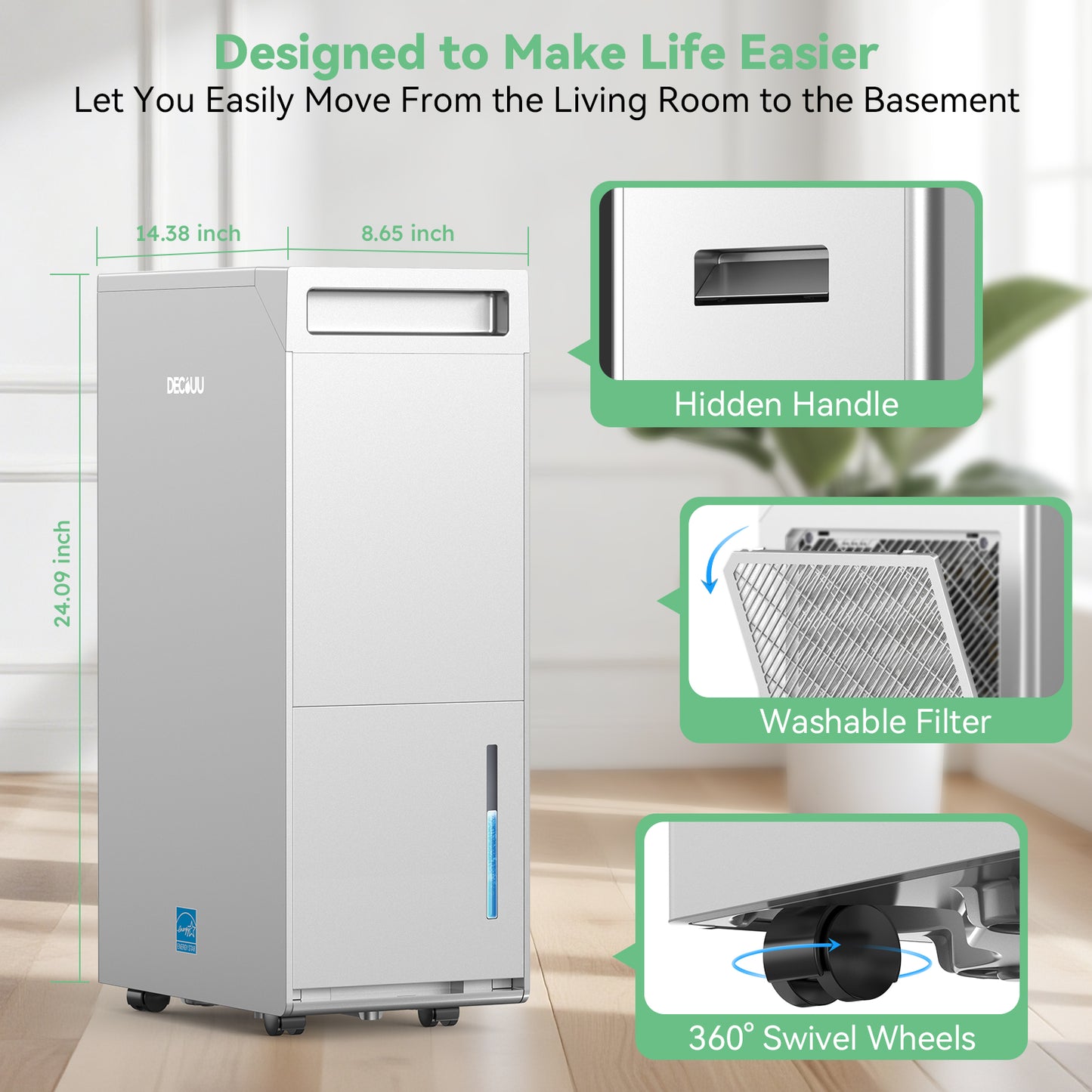 DECIUU 5000 Sq.Ft Energy Star Most Efficient 2024 Dehumidifier,Max 100 Pint (Standard 70 Pint) Dehumidifier for Basement with Drain Hose,Intelligent Humidity Control for Home Bathroom Garage Bedroom